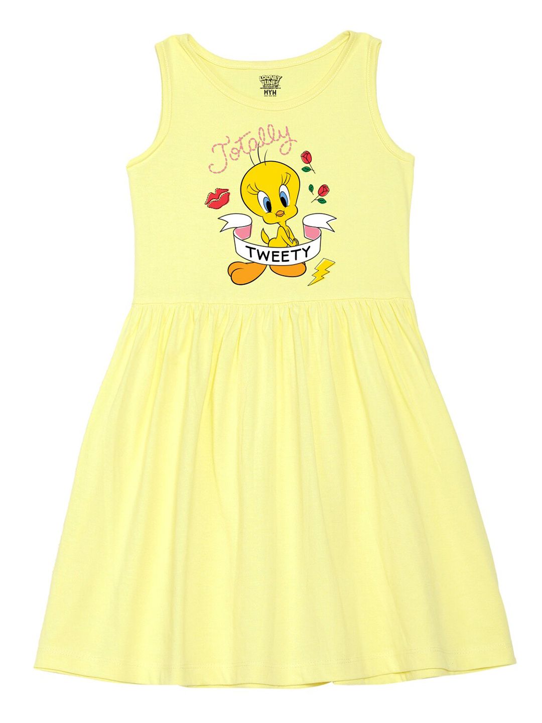 Wear Your Mind Girls Round Neck Tweety Printed Pure Cotton A-Line Dress-picture-17