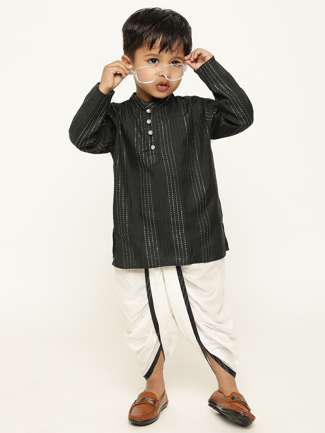 Stuffie Land Boys Striped Mandarin Collar Straight Kurta & Dhoti Pants-picture-33