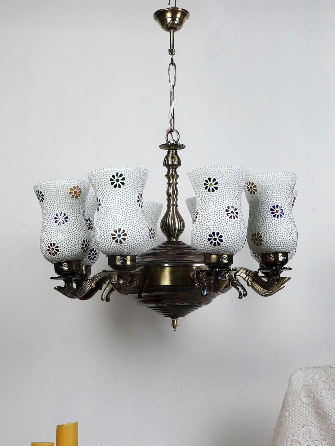 Devansh White & Green Mosaic Design Glass 8 Shades Chandelier-image-33