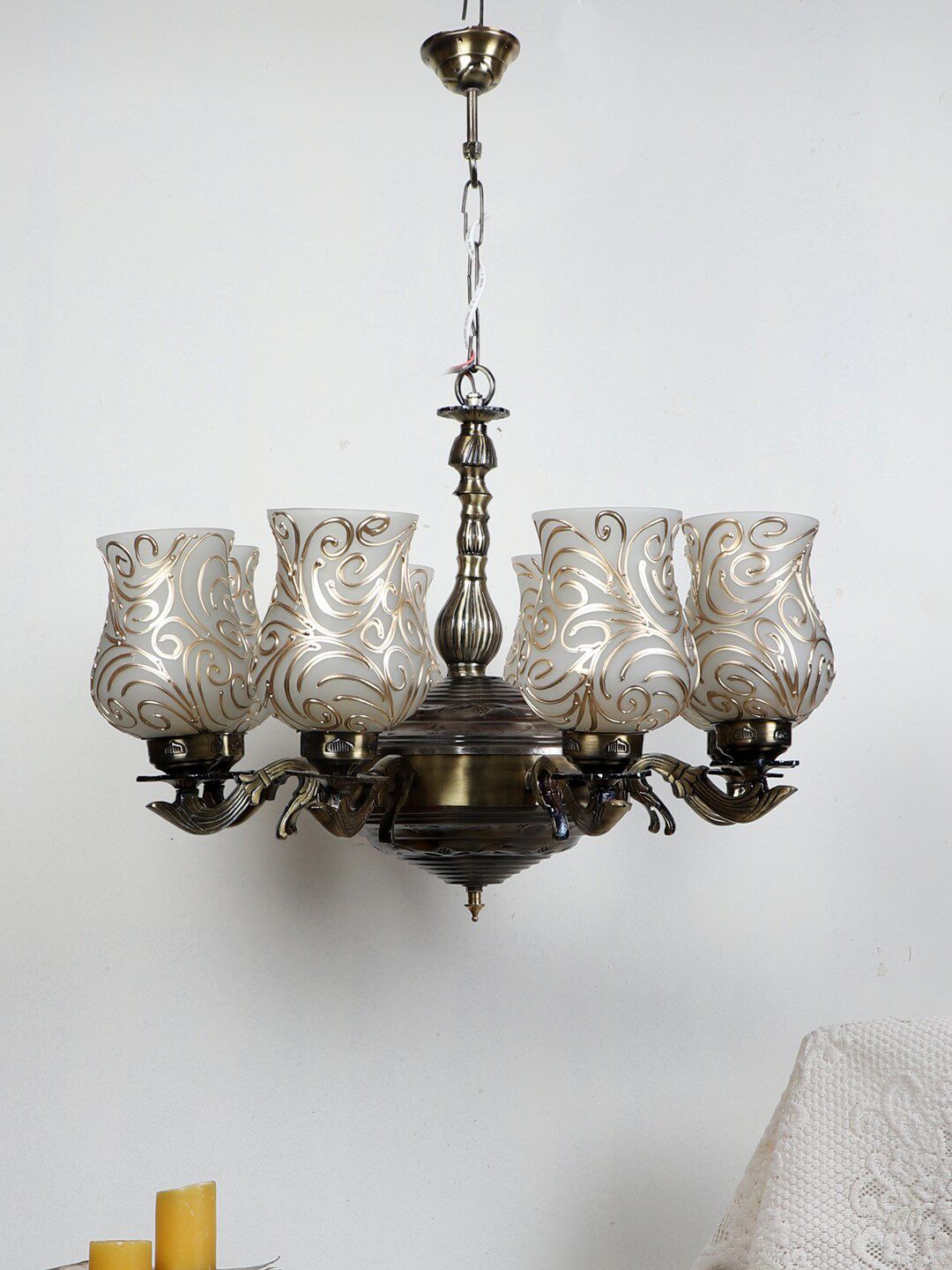 Devansh White Mosaic Design Glass 8 Shades Chandelier-image-3