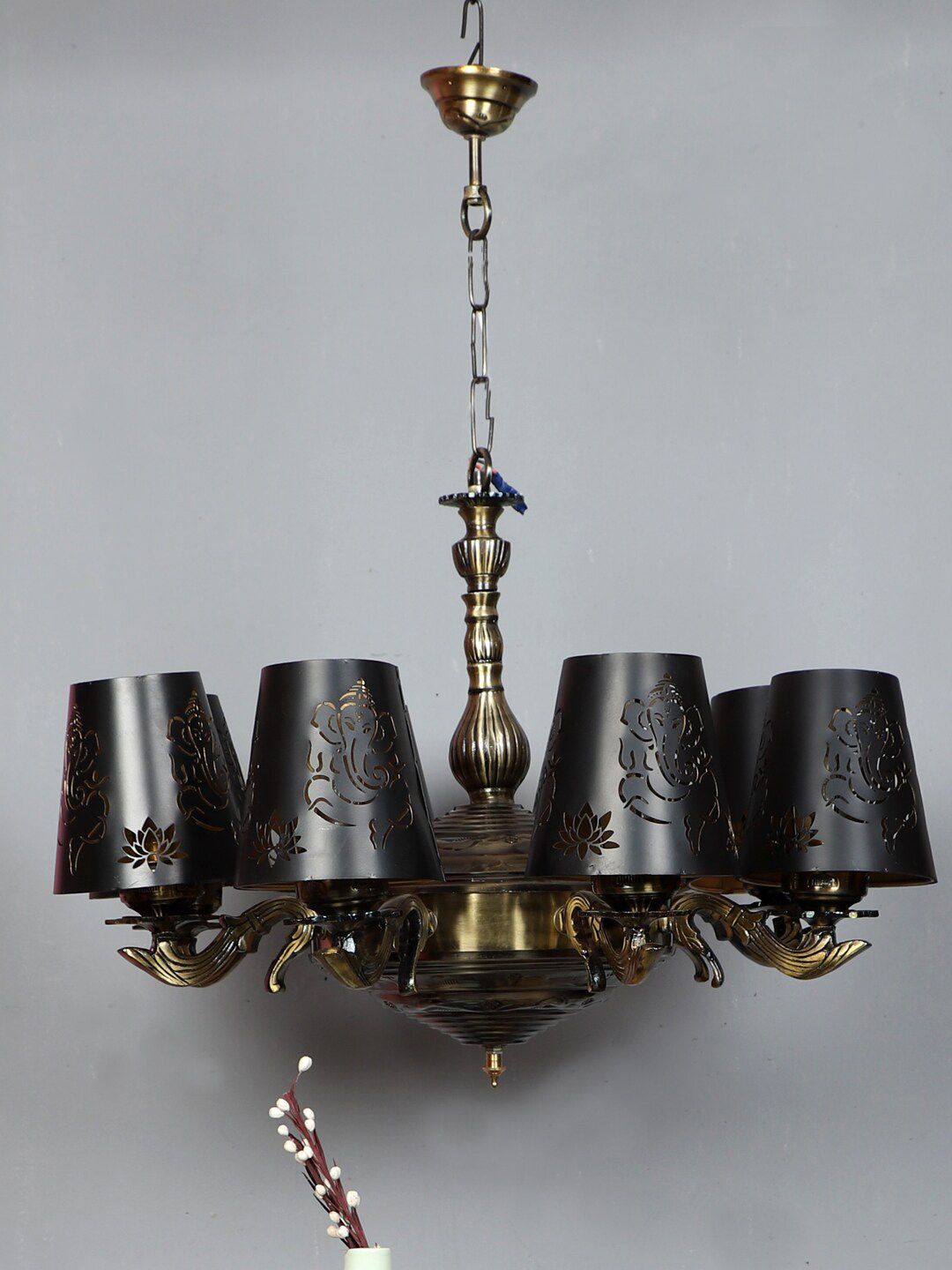 Devansh Black & Gold-Toned Lord Ganesh Design Metal Etching 8 Lamp Shades Chandelier-image-5