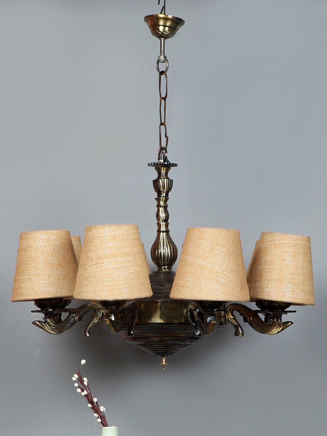 Devansh Beige & Gold-Toned Textured Jute 8 Lamp Shades Chandelier-image-11