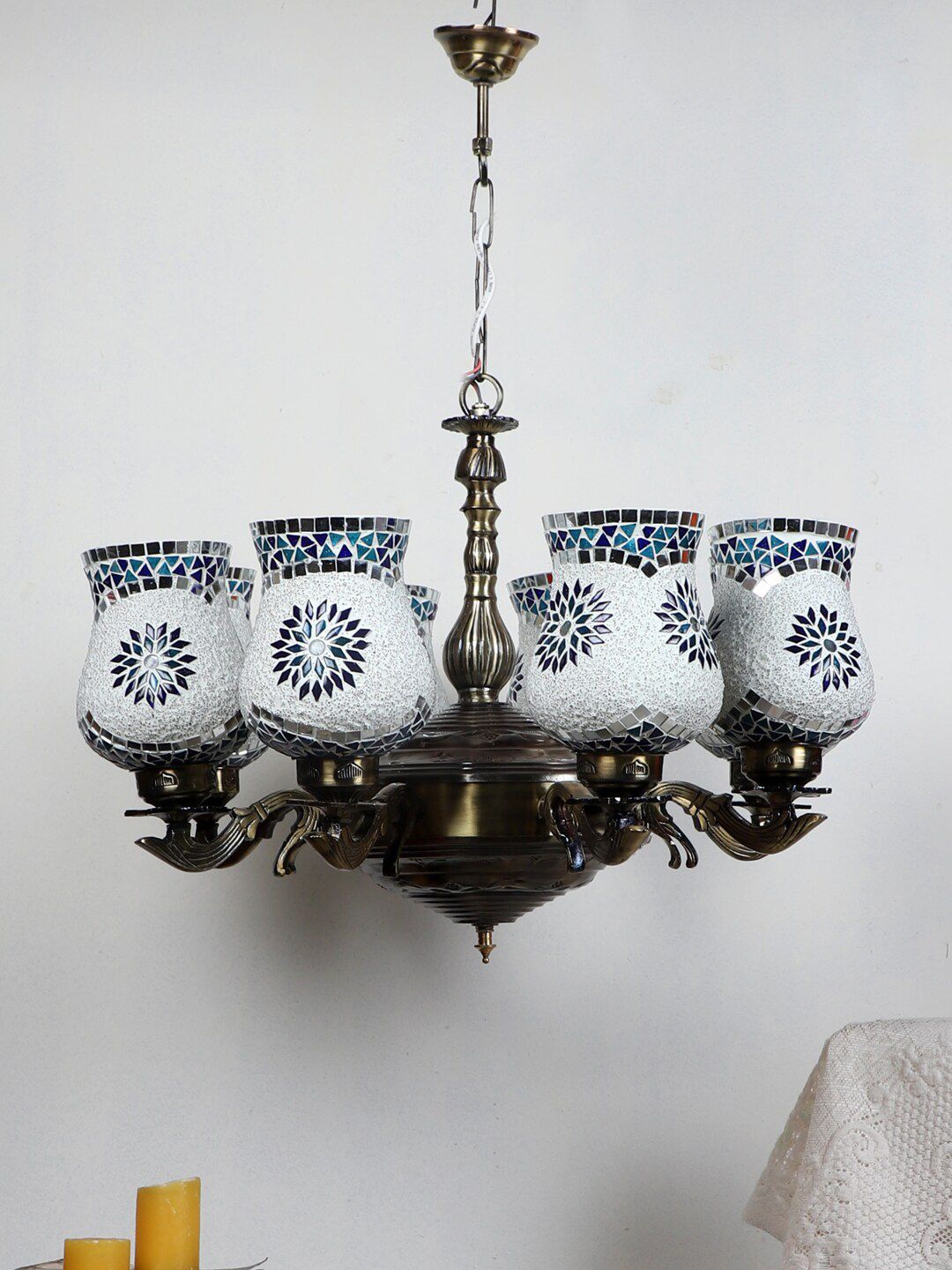 Devansh White & Blue Mosaic Design Glass 8 Shades Chandelier-image-32