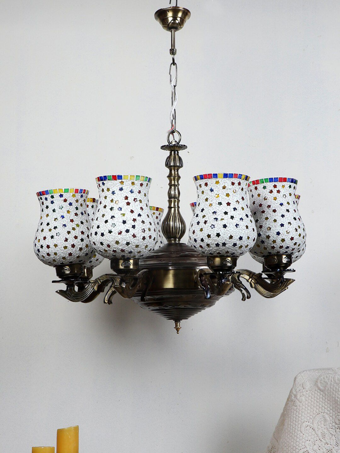 Devansh White & Yellow Mosaic Design Glass 8 Shades Chandelier-image-22