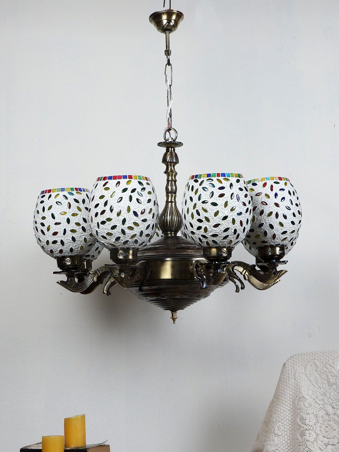 Devansh White & Green Mosaic Design Glass 8 Shades Chandelier-image-29