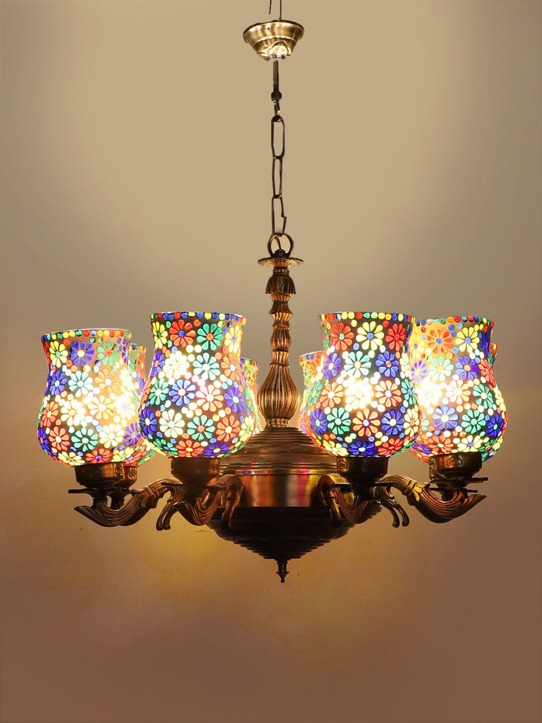 Devansh White & Red Mosaic Design Glass 8 Shades Chandelier-image-28