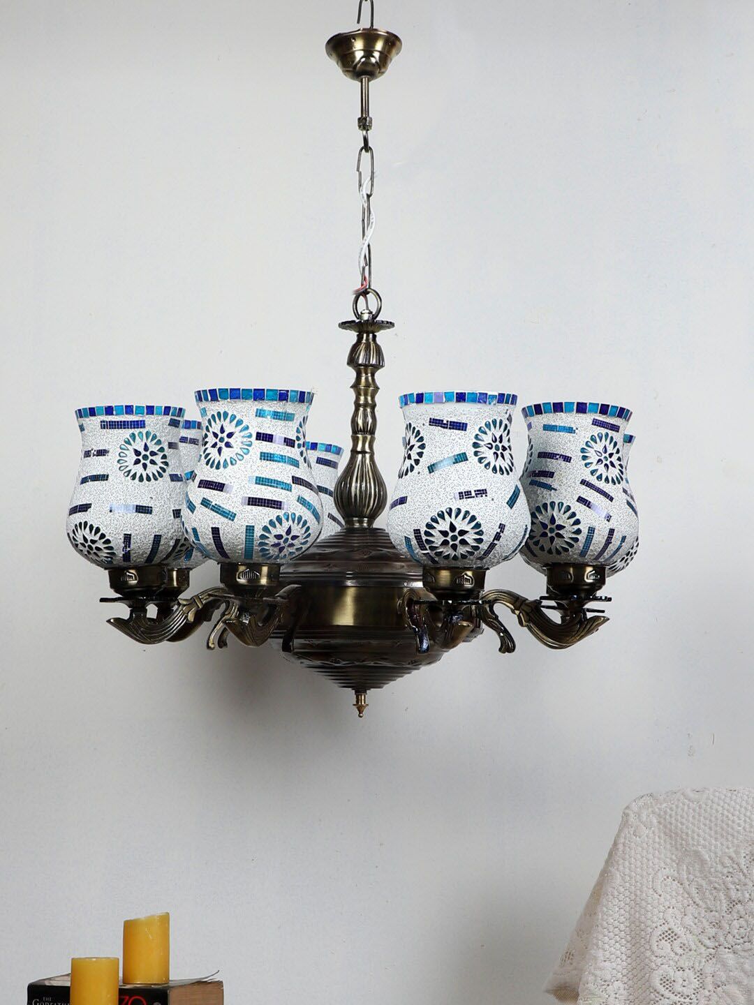 Devansh White & Blue Mosaic Design Glass 8 Shades Chandelier-image-26