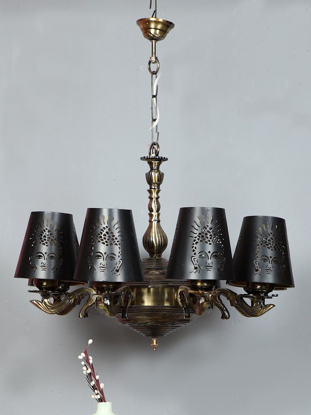 Devansh Black & Gold-Toned Buddha Design Metal Etching 8 Lamp Shades Chandelier-image-1
