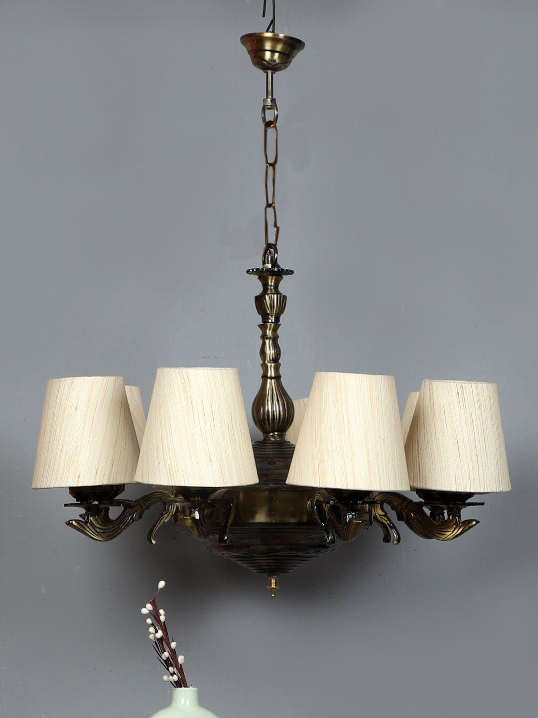 Devansh Beige & Gold-Toned Textured Jute 8 Lamp Shades Chandelier-image-49