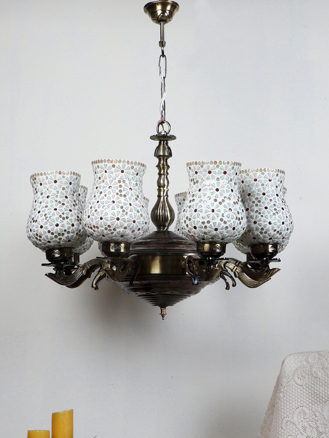 Devansh White & Red Mosaic Design Glass 8 Shades Chandelier-image-25