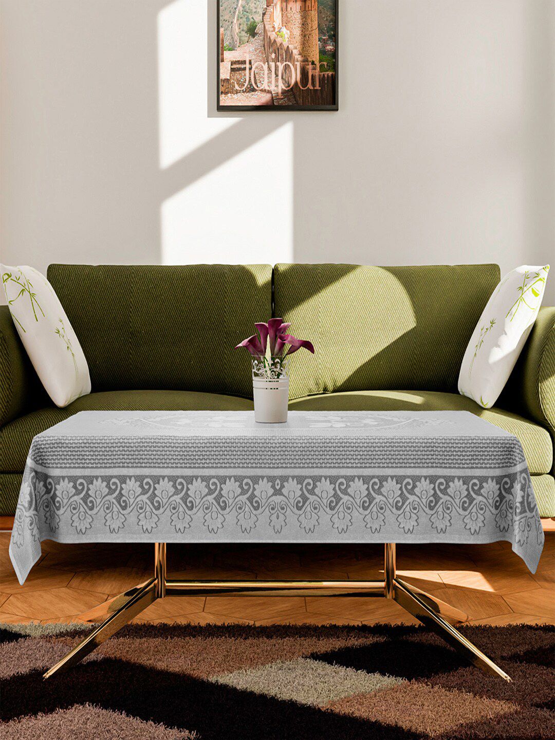 Kuber Industries White & Grey Floral Printed Stain-Resistant Cotton 4-Seater Coffee Table Cover-picture-33