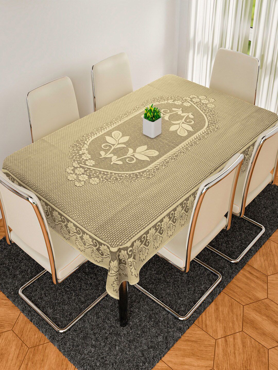 Kuber Industries Cream-Colored Floral Design Cotton 6-Seater Table Cover