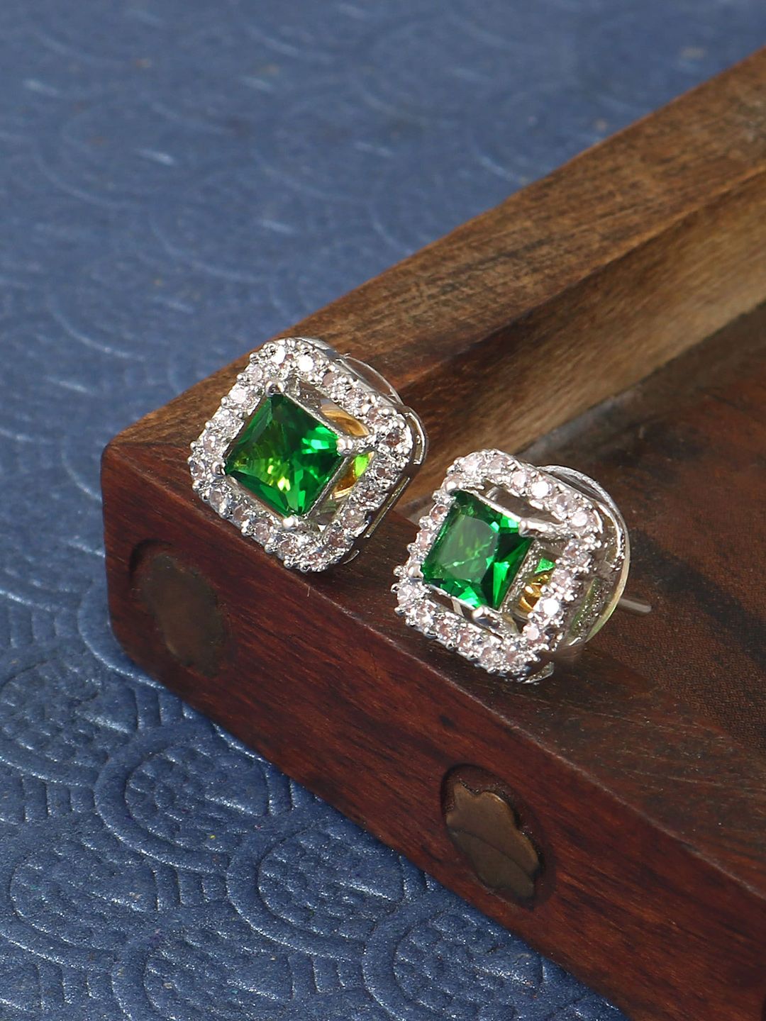 Jewar Mandi Silver Plated Square Cubic Zirconia Studs Earrings-image-44