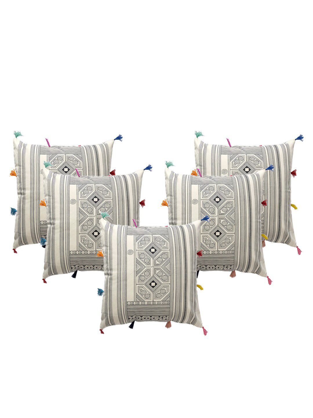 Contrast Living Black & White 5 Pieces Geometric Cotton Square Cushion Covers-picture-22