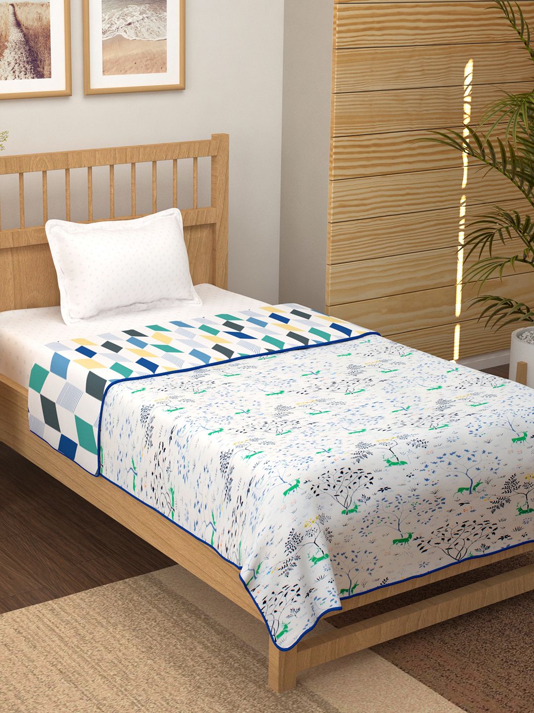 Story@home White & Blue Geometric Cotton AC Room 150 GSM Reversible Single Bed Dohar-picture-17