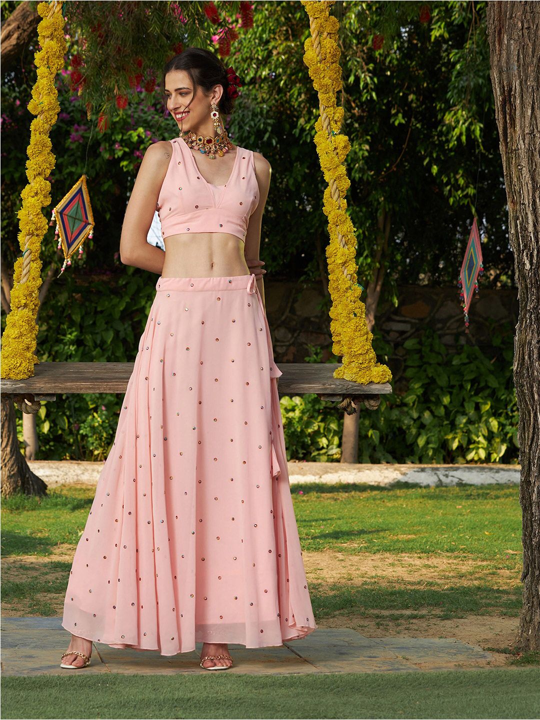 Shae by SASSAFRAS Embroidered Mirror Work Ready to Wear Lehenga & Top