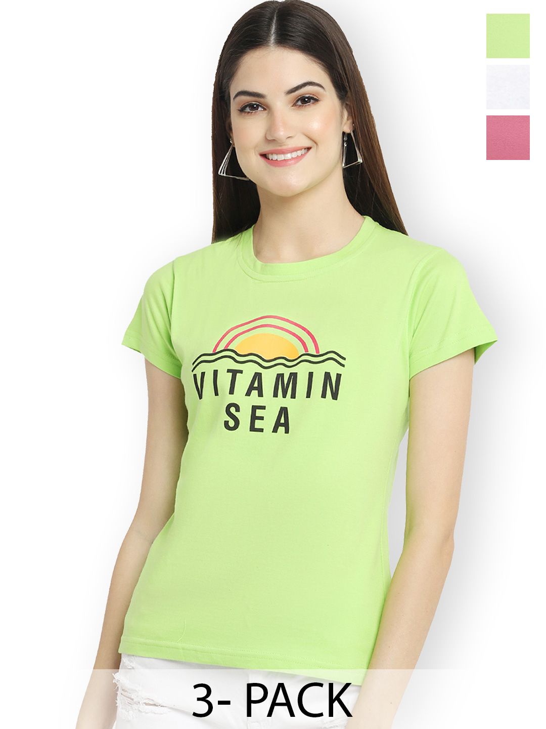 Fabflee Women Multicoloured 3 Printed V-Neck T-shirt-image-24