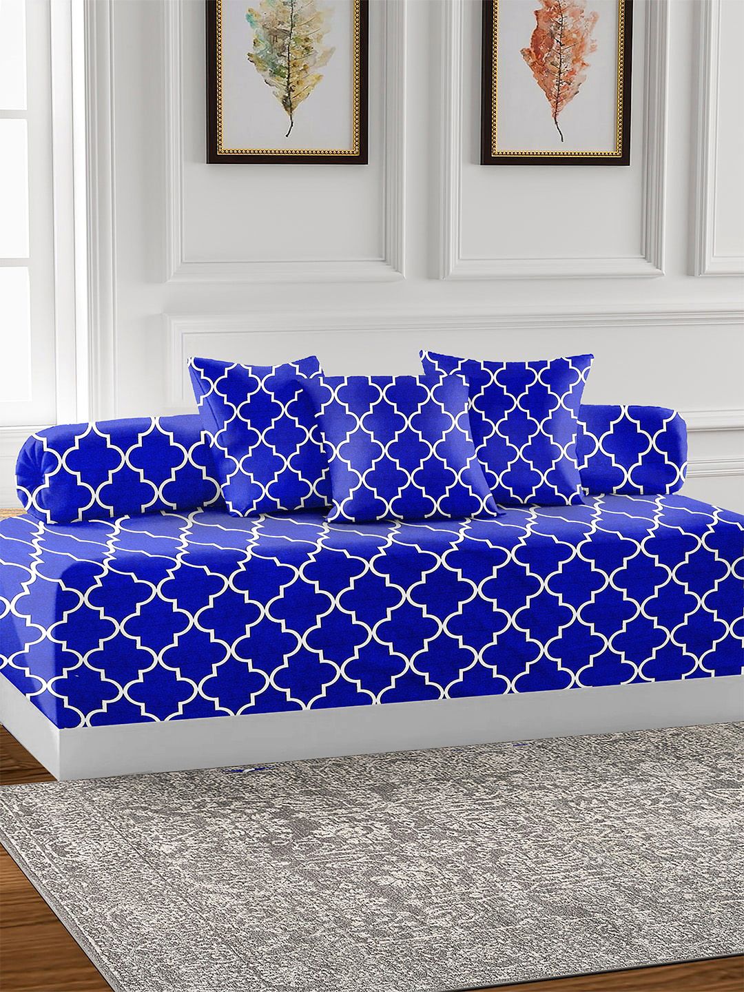 AEROHAVEN Blue & White 6 Pieces Printed 210 TC Glace Cotton Diwan Set-picture-36