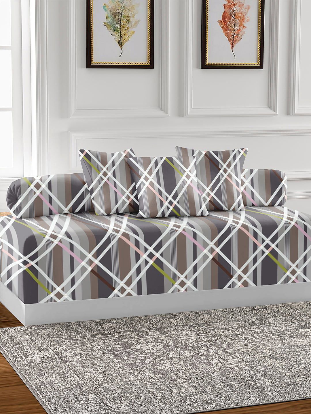 AEROHAVEN Grey & Black 6 Pieces Checked 210 TC Cotton Diwan Set-picture-14