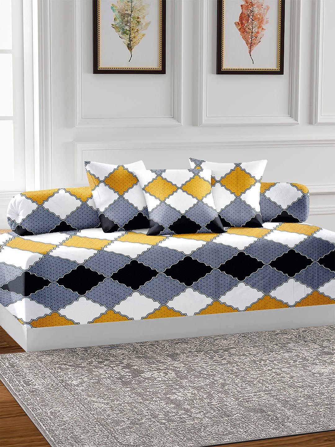 AEROHAVEN Grey & Yellow 6 Pieces Geometric Printed 210 TC Pure Cotton Diwan Set-image-46