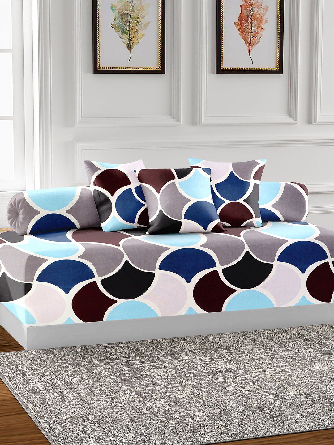 AEROHAVEN Blue & Grey 6 Pieces Printed Cotton 210 TC Diwan Set-picture-12