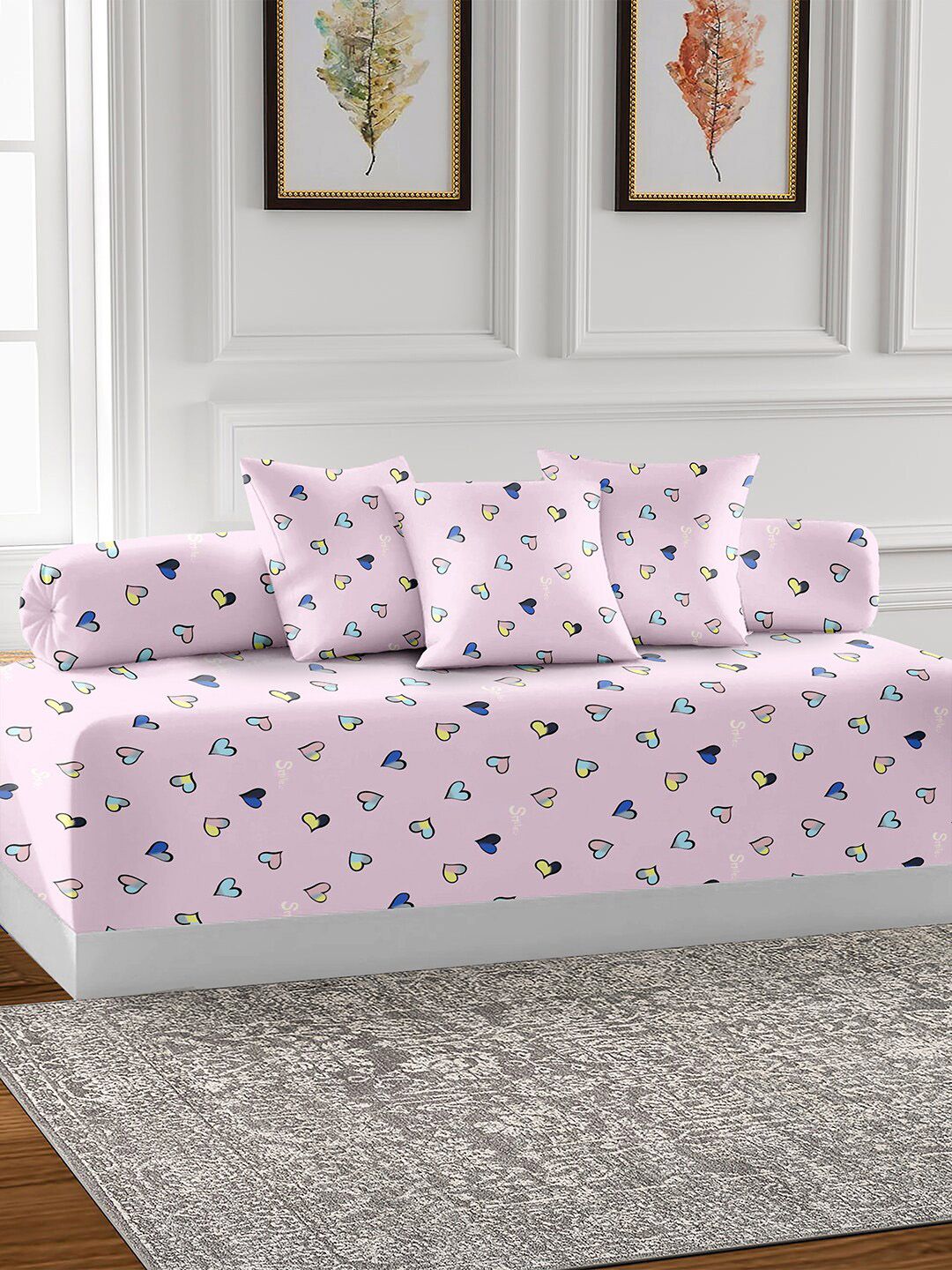 AEROHAVEN Pink & Blue 6 Pieces Printed Cotton 210 TC Diwan Set-image-45