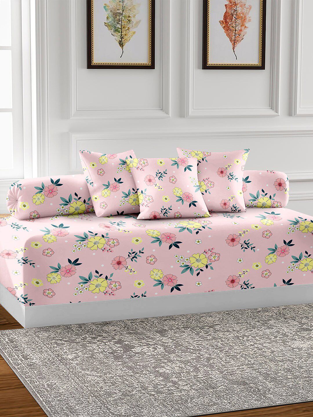 AEROHAVEN Pink 6 Pieces Floral Printed Cotton 210 TC Diwan Set-picture-0