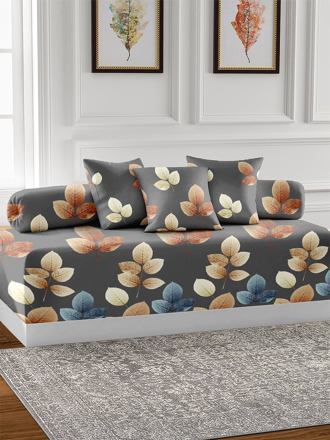 AEROHAVEN Grey & Brown 6 Pieces Floral Printed Cotton 210 TC Diwan Set-picture-15
