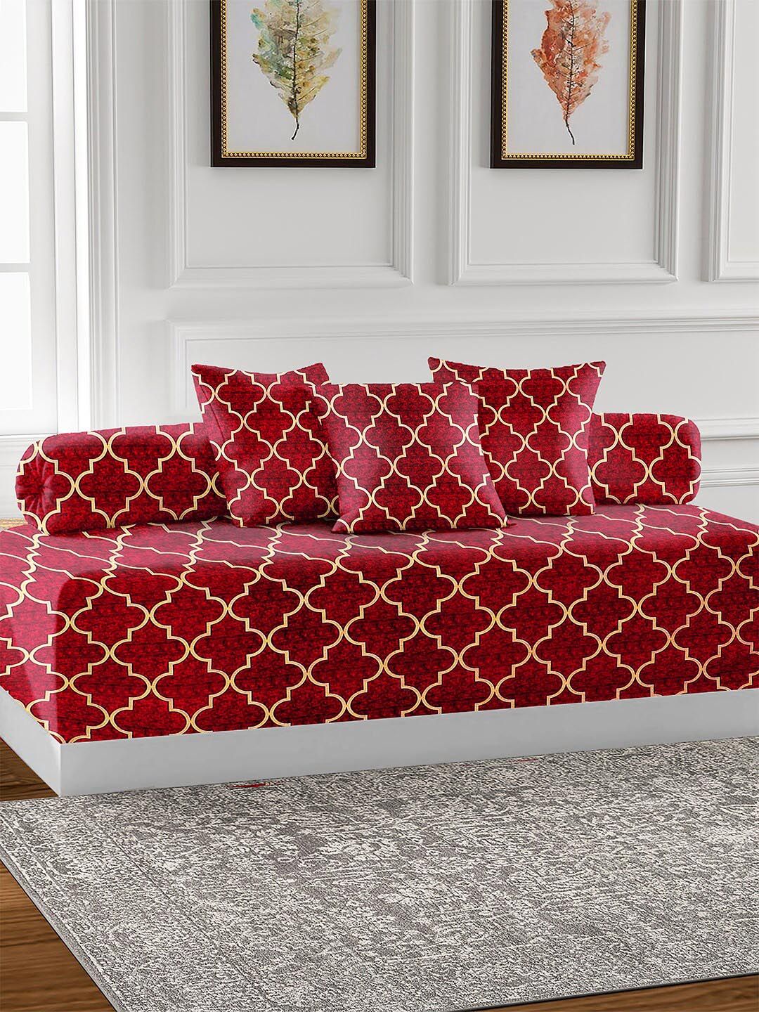 AEROHAVEN Red & White 6 Pieces Printed 210 TC Glace Cotton Diwan Set-picture-16