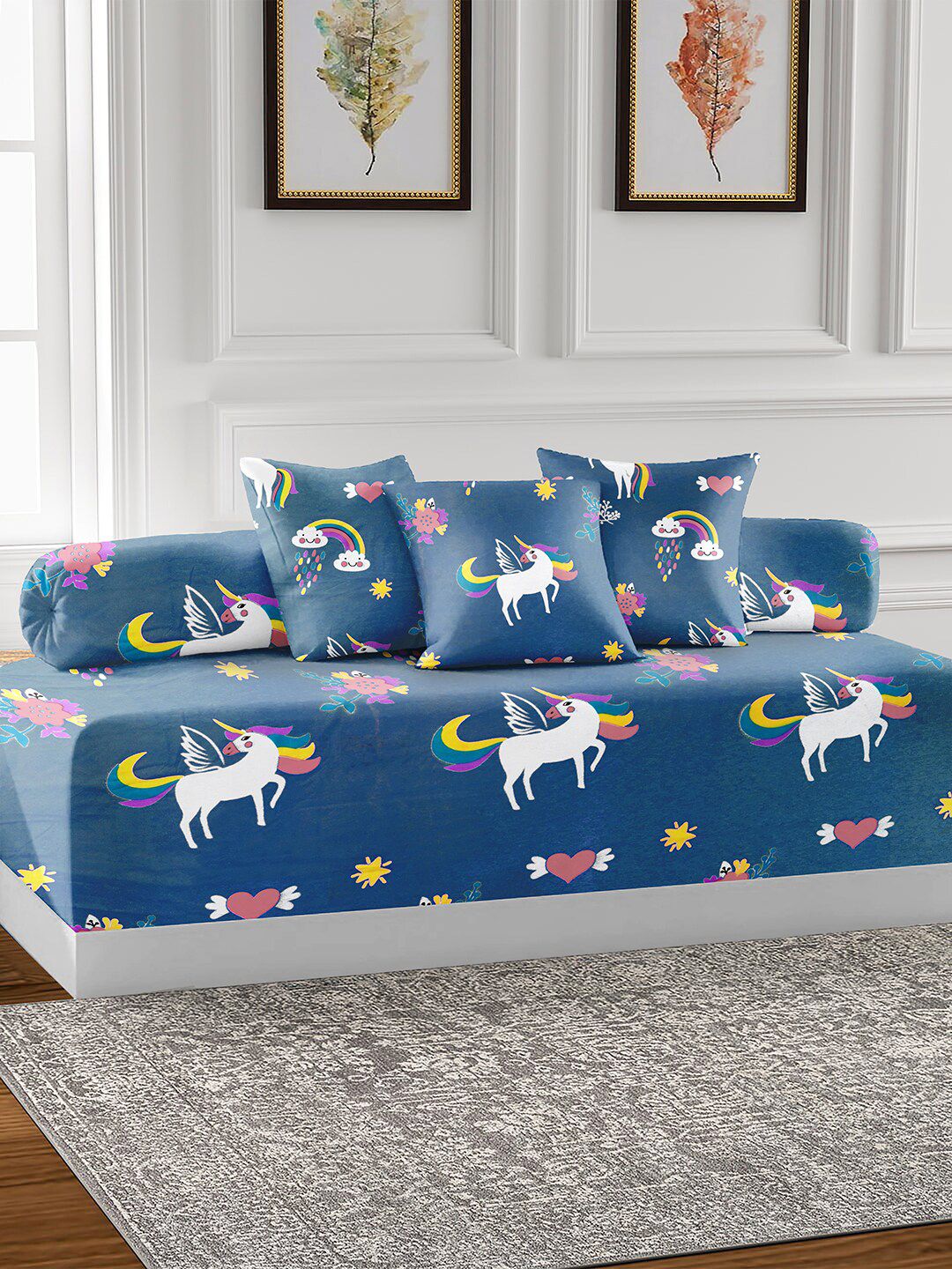 AEROHAVEN Blue & White 6 Pieces Printed Cotton 210 TC Diwan Set-picture-11