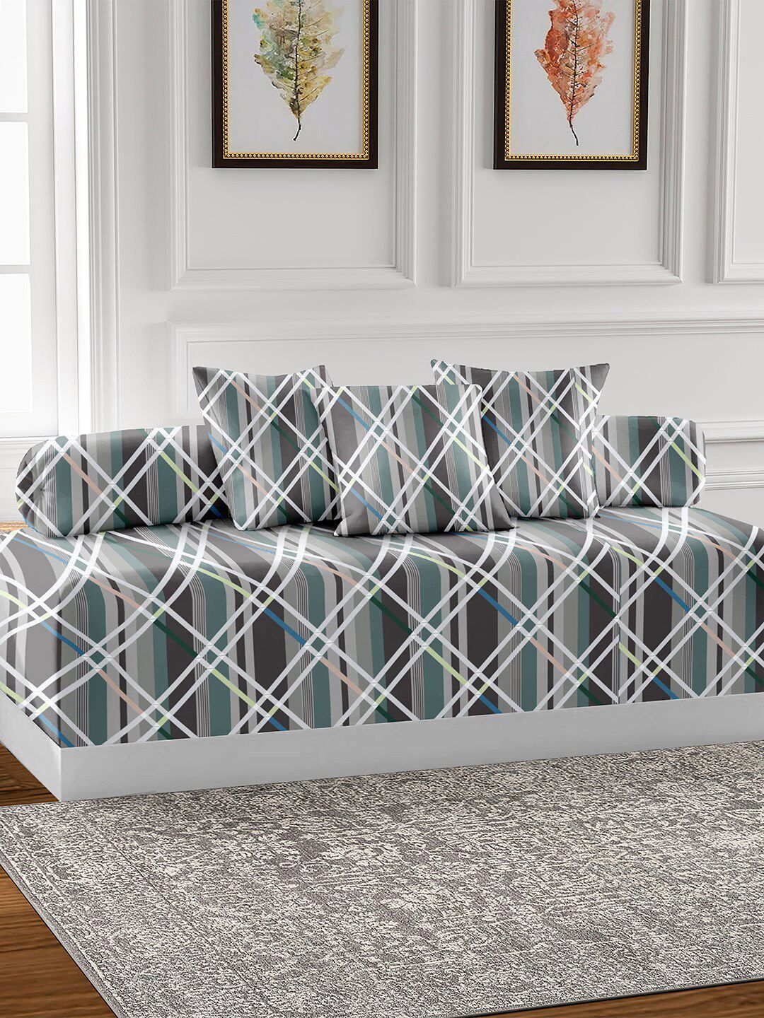 AEROHAVEN Grey & White 6 Pieces Geometric Printed 210 TC  Cotton Diwan Set-picture-14