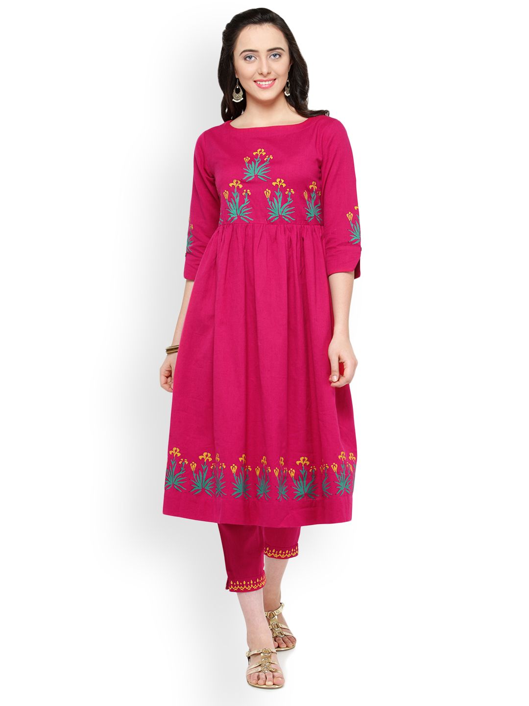 Bitterlime Women Pink Block Print Kurta with Trousers-picture-10