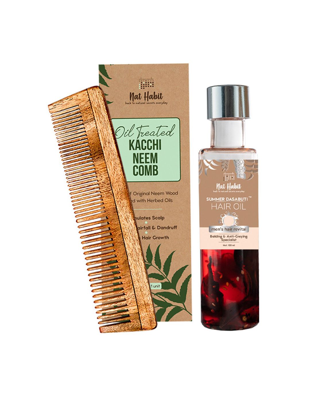 Nat Habit Set of Kacchi Neem Comb  Men Summer Dasabuti Revital Hair Oil (100ml)-picture-43