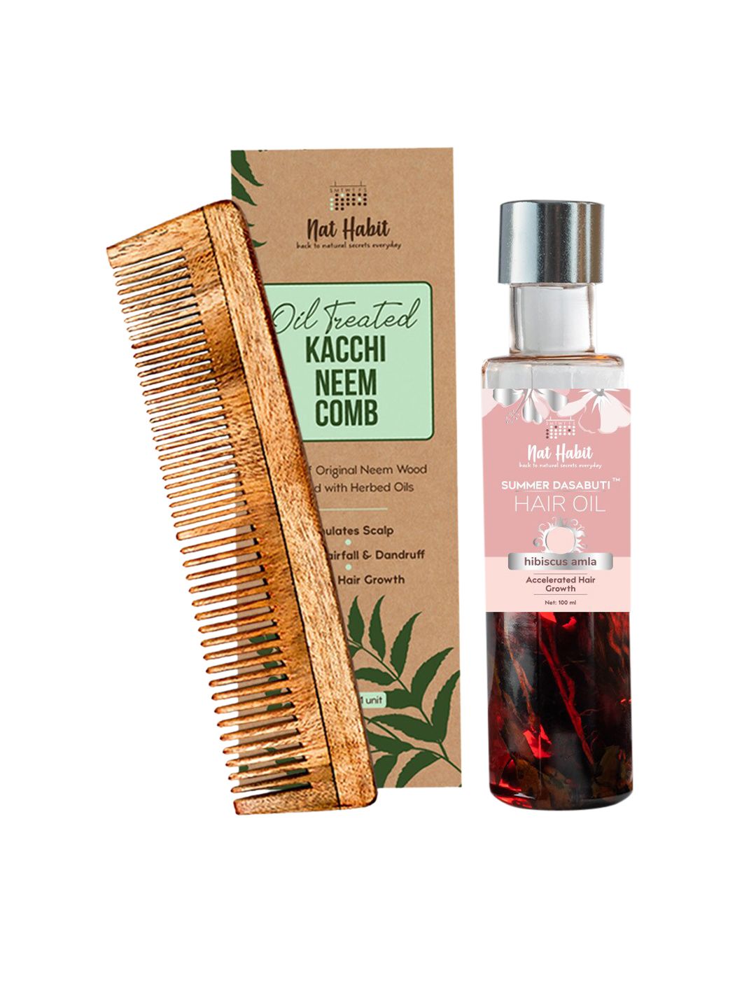 Nat Habit Set of Oil Treated Kacchi Neem Comb  Summer Dasabuti Hibiscus Hair Oil (100ml)-picture-44