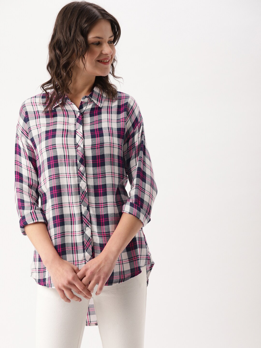 DressBerry Women White Checked High-Low Top