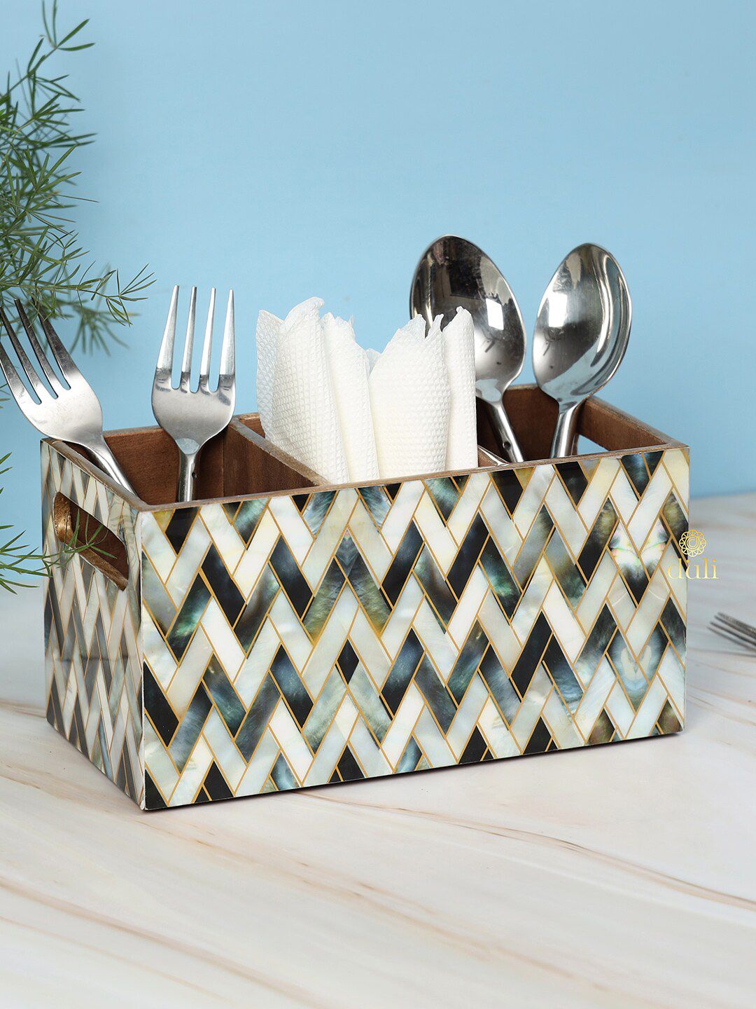 DULI Off-White & Grey Geometric Printed MDF Wooden Pen Stand With 3 Sections