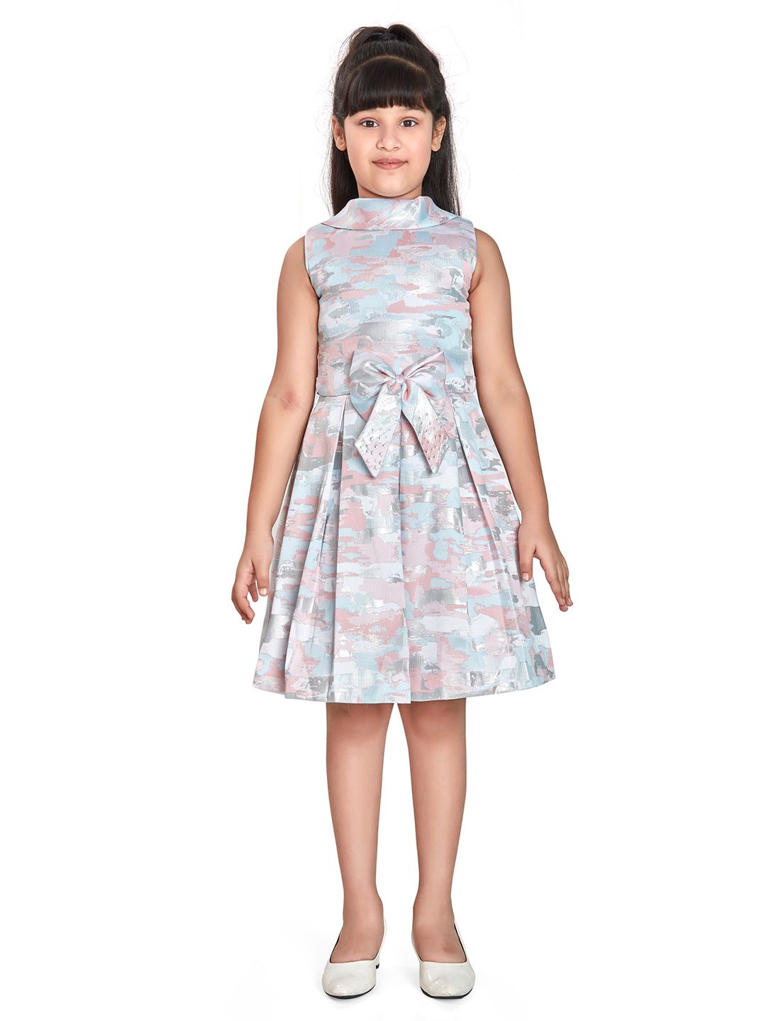 Peppermint Girls Spread Collar Abstract Printed Bow Fit & Flare Dress-picture-20