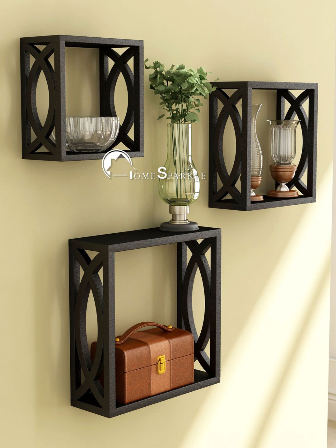 Home Sparkle Black 3-Pieces Carved MDF Wooden Cube Floating Shelves
