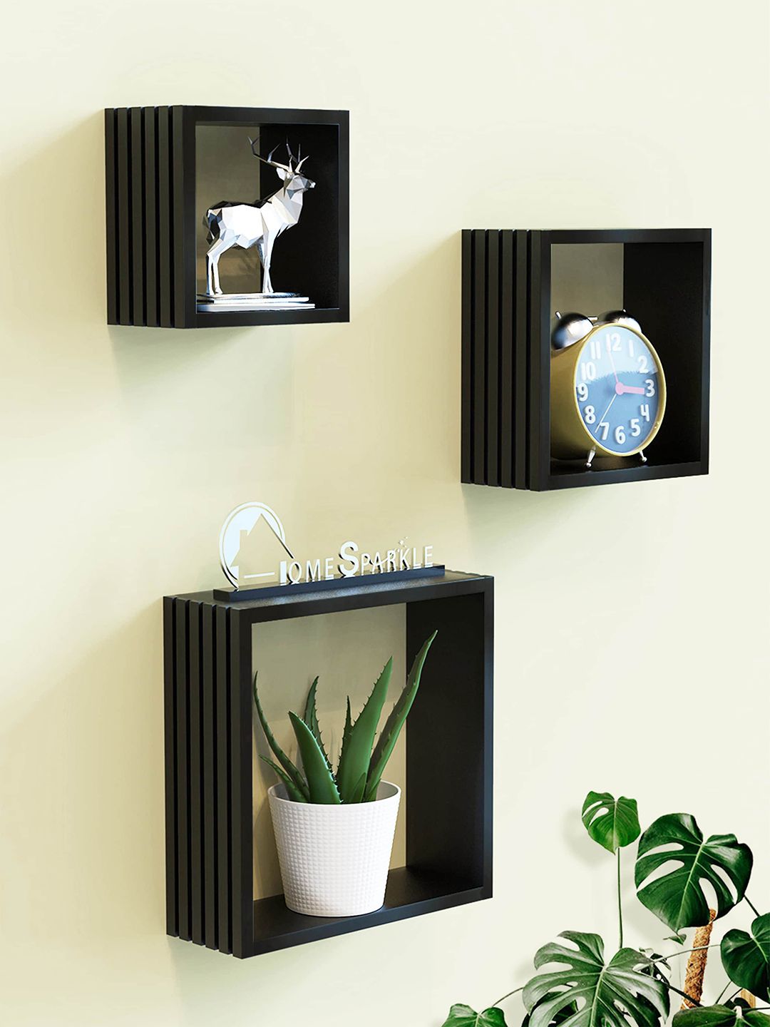 Home Sparkle 3 Pieces Black 3D Design Carved MDF Wooden Wall Shelves