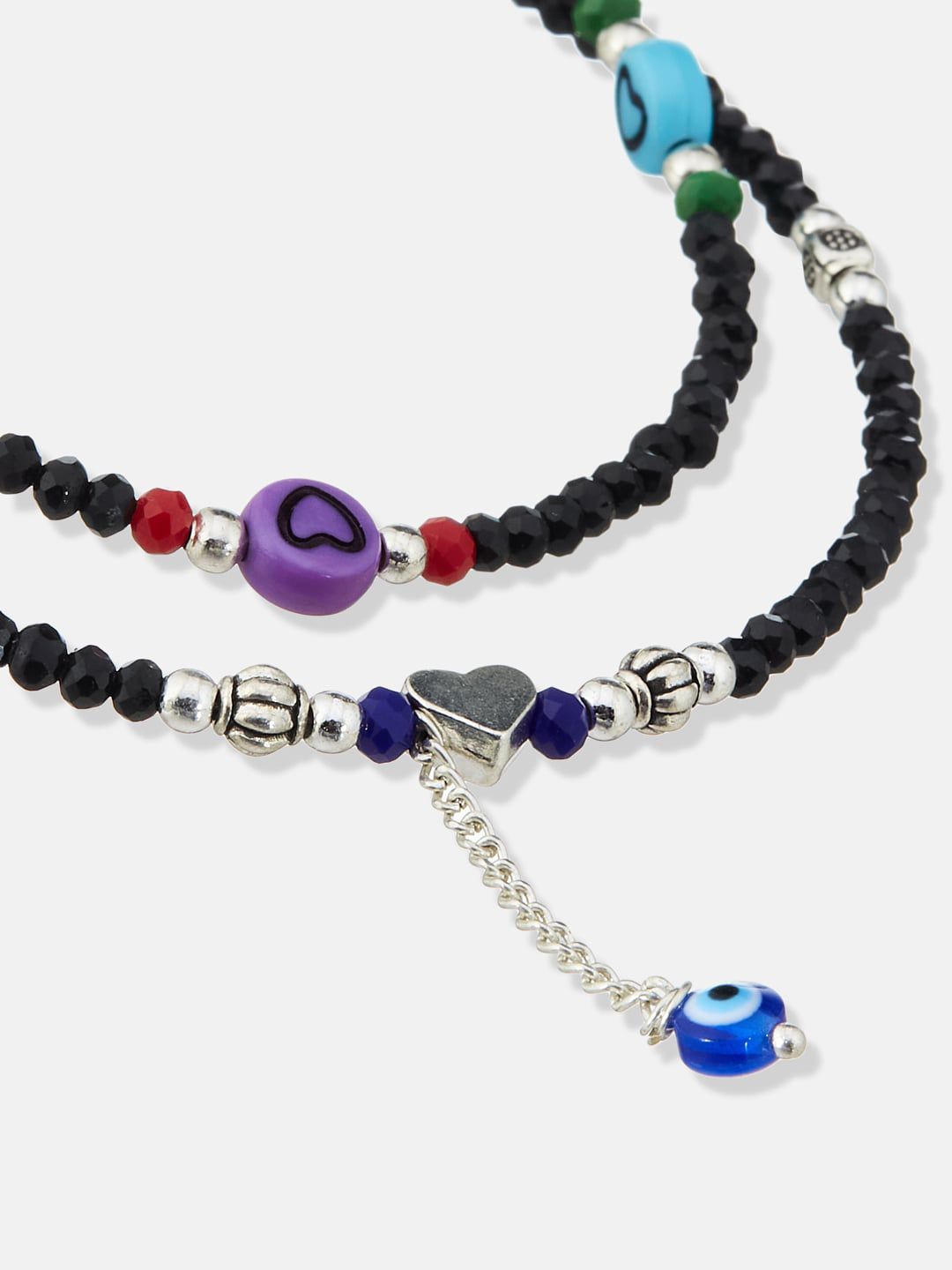 ATIBELLE Set of 2 Silver-Plated Stone-Studded & Beaded Evil-Eye Anklets