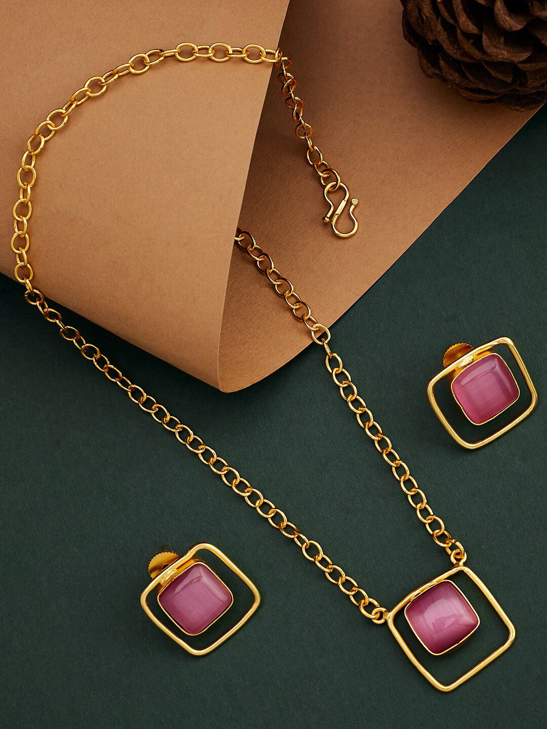 ATIBELLE Gold-Plated Stone-Studded Pendant & Chain With Earrings Set