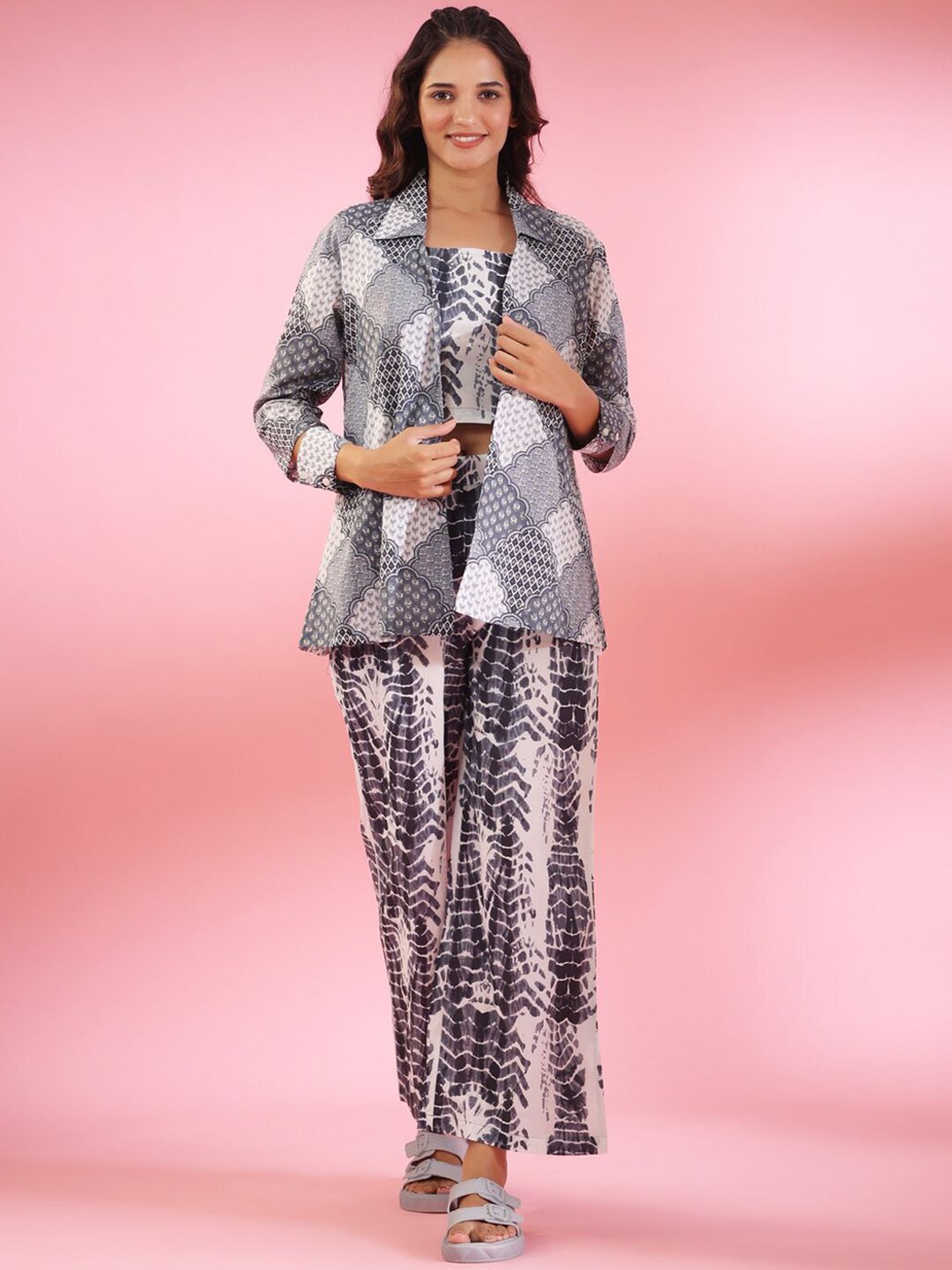 JISORA Grey & White 3 Pieces Ethnic Motifs Printed Pure Cotton Night Suit-image-38