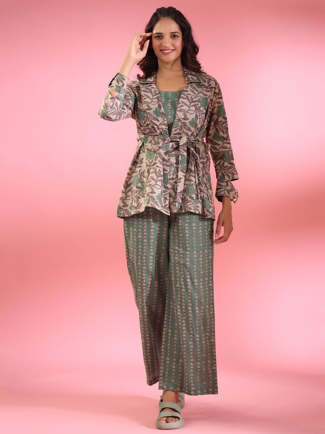 JISORA Green & Beige 3 Pieces Floral Printed Pure Cotton Night Suit-picture-14