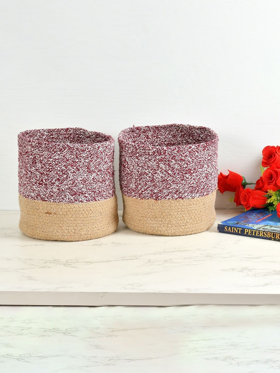 Homefab India Maroon & Brown 2 Pieces Woven Cotton Planters Baskets-picture-24