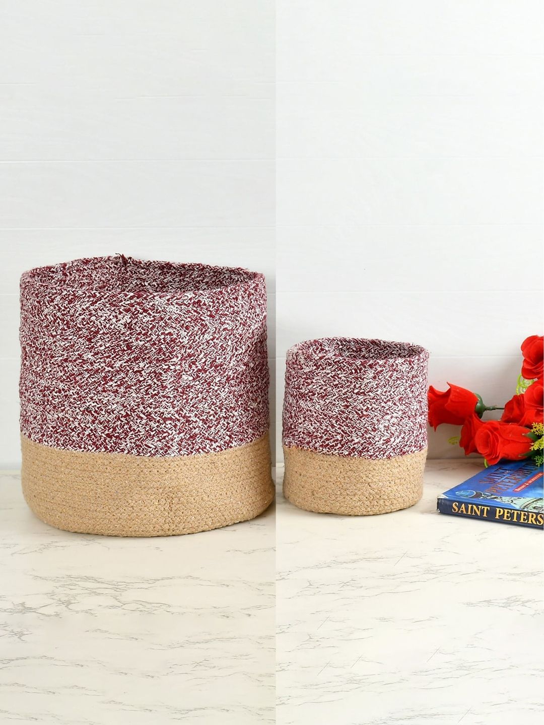 Homefab India Maroon & Brown 2 Pieces Braided Woven Cotton Planter Baskets-picture-23