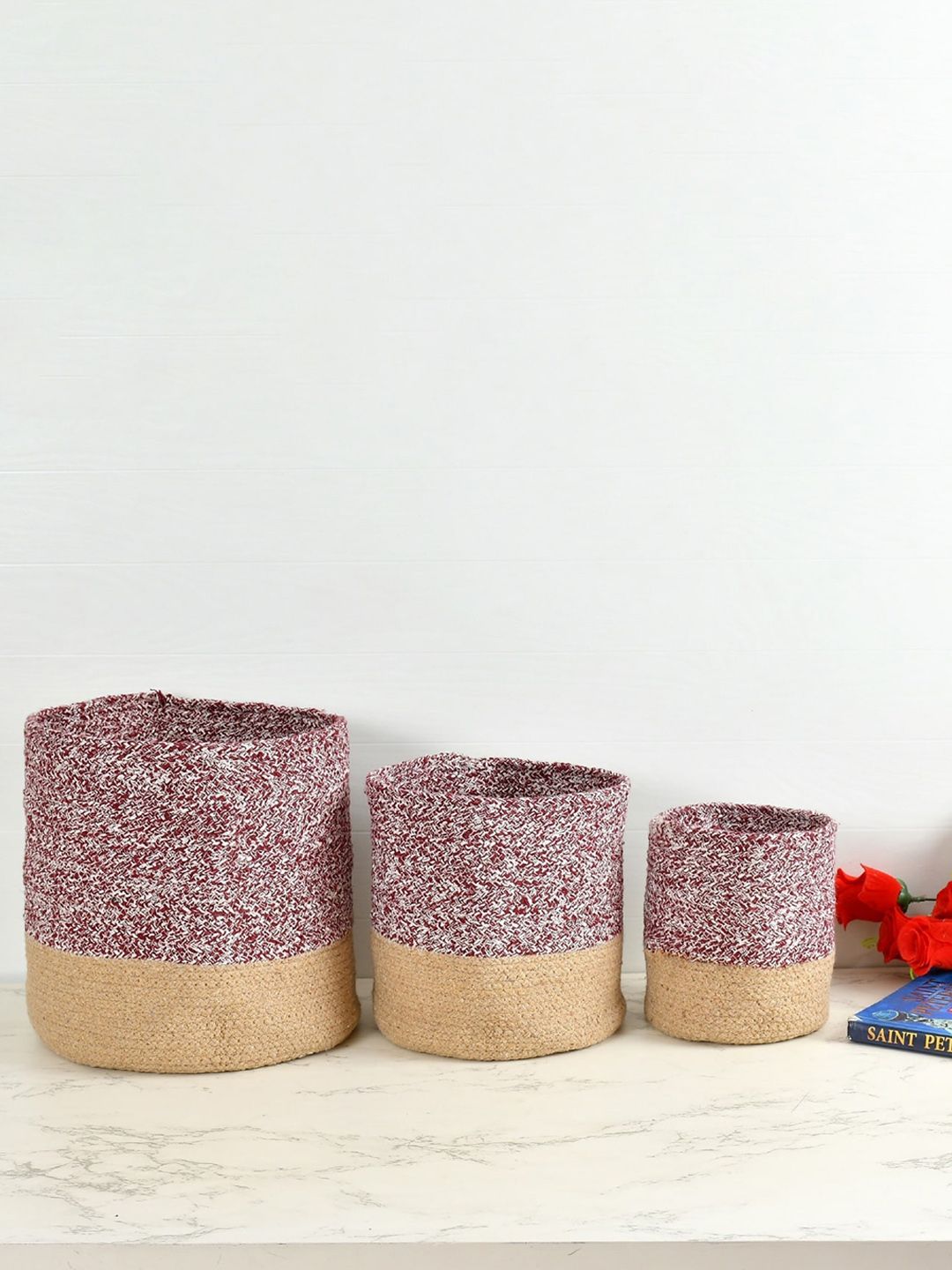 Homefab India Maroon & Brown 3 Pieces Braided Woven Cotton Planter Baskets-picture-22