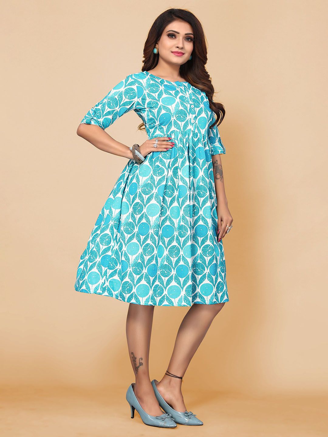 Chembarathi teal cotton A line dress main image 0
