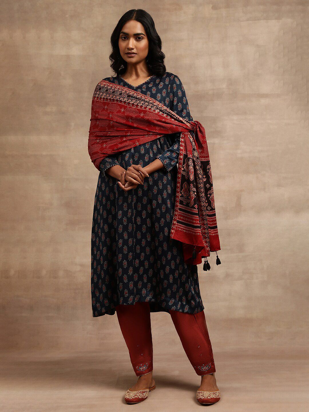 W Women Red & Black Ethnic Motifs Printed Block Print Dupatta-picture-33