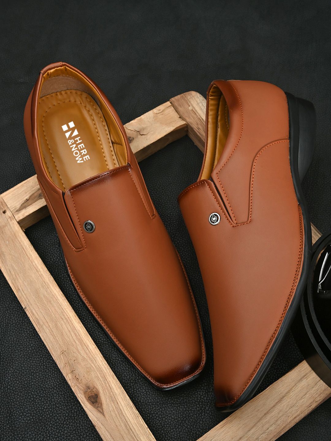 HERE&NOW Men Tan Brown Formal Slip-On Shoes-picture-17
