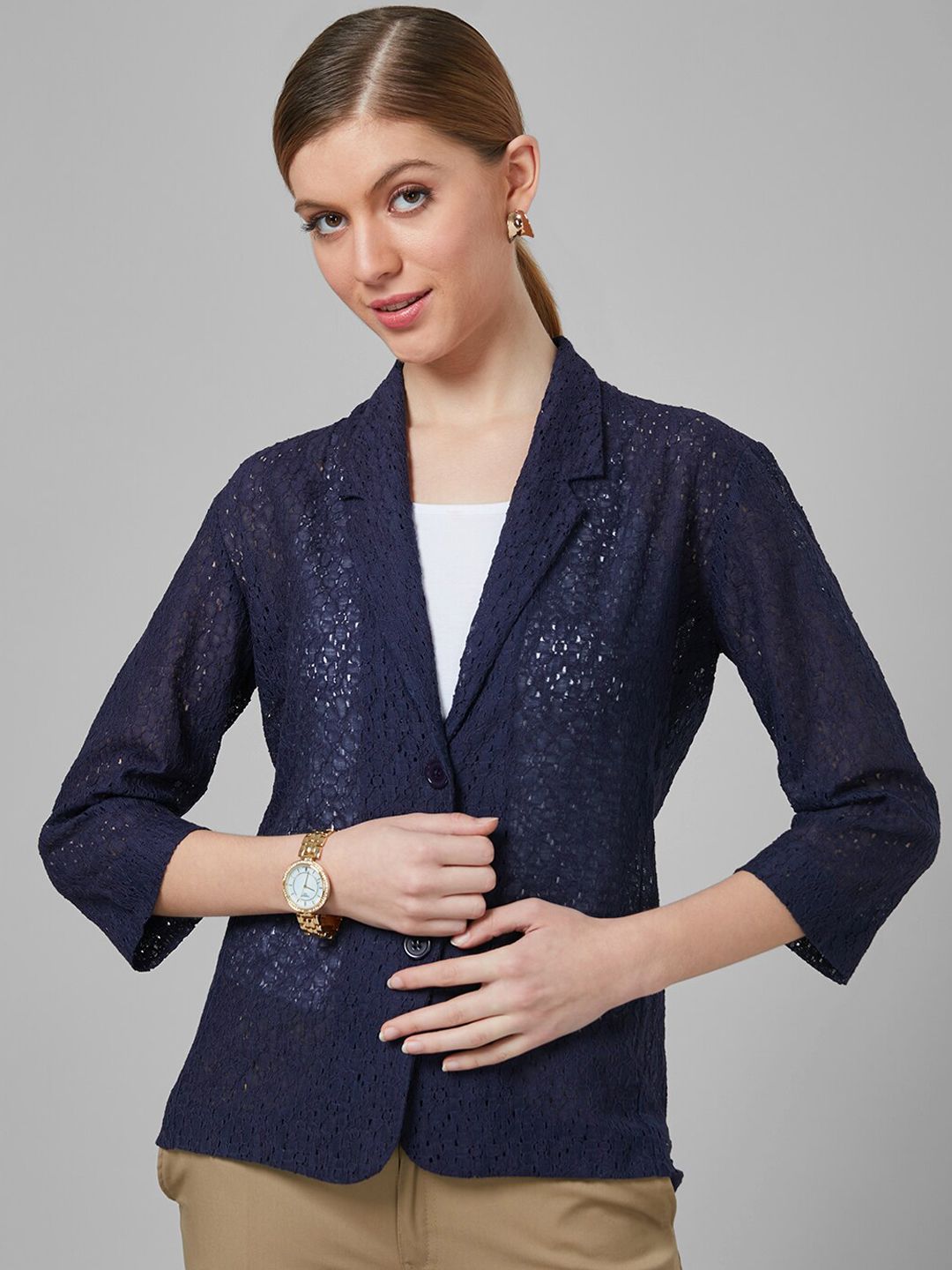 Style Quotient Women White Self-Design Cotton Tailored Fit Single Breasted Blazer-picture-11